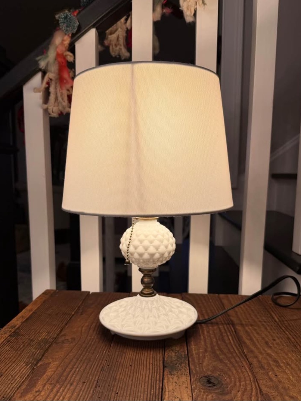 Vintage White Hobnail Table Lamp with Brass Accents and shade